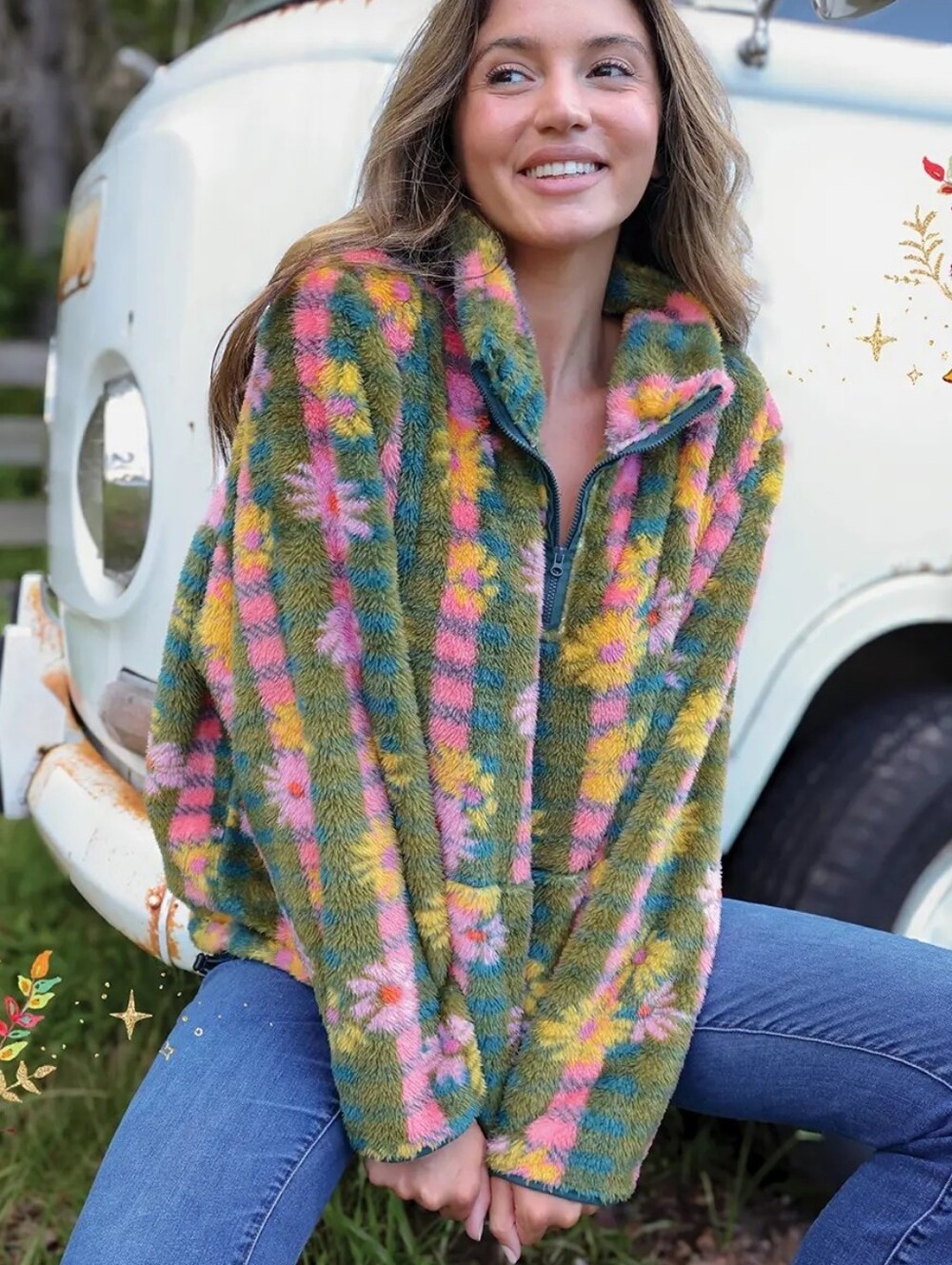 Natural Life Coziest Fleece Quarter Zip Floral Pullover